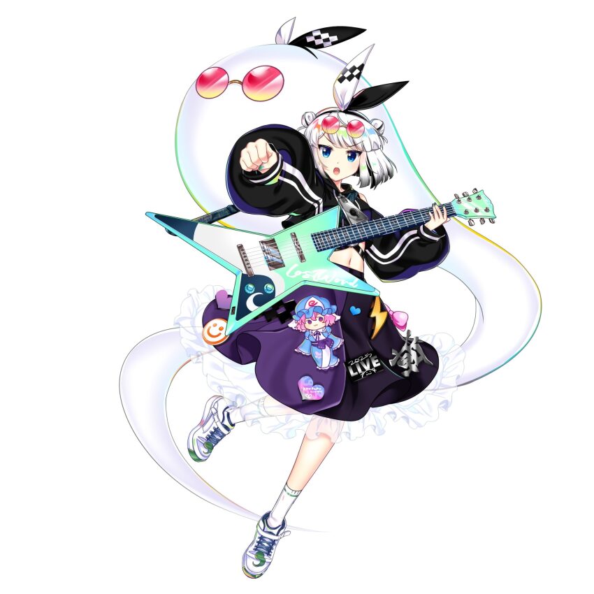 1girl alternate_costume alternate_hairstyle black_hairband black_skirt blue_eyes character_doll clenched_hand doll double_bun eyewear_on_head game_cg green_nails grey_hair guitar hair_bun hairband heart highres holding holding_guitar holding_instrument instrument konpaku_youmu konpaku_youmu_(ghost) konpaku_youmu_(lostwordlive2025) long_sleeves looking_at_viewer midriff navel official_art open_mouth puffy_long_sleeves puffy_sleeves rotte_(1109) round_eyewear saigyouji_yuyuko sheath sheathed shoes skirt sneakers socks solo sword third-party_source touhou touhou_lostword unworn_clothes weapon white_shoes white_socks