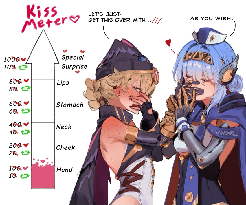 blush bvbu highres ineffa_(genshin_impact) jahoda_(genshin_impact) kiss kissing_hand prosthesis prosthetic_arm yuri
