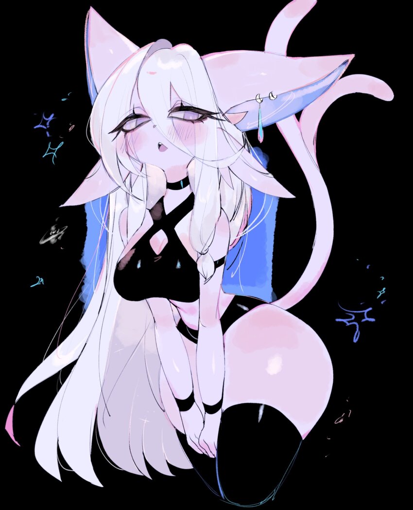 black_background black_choker blush blush_stickers choker clothing_request colored_skin ear_piercing eevee espeon furry furry_female gen_1_pokemon gen_2_pokemon highres large_ears piercing purple_hair purple_skin forked_tail tail thick_eyebrows thick_eyelashes thick_thighs thighhighs thighs white_hair wide_hips