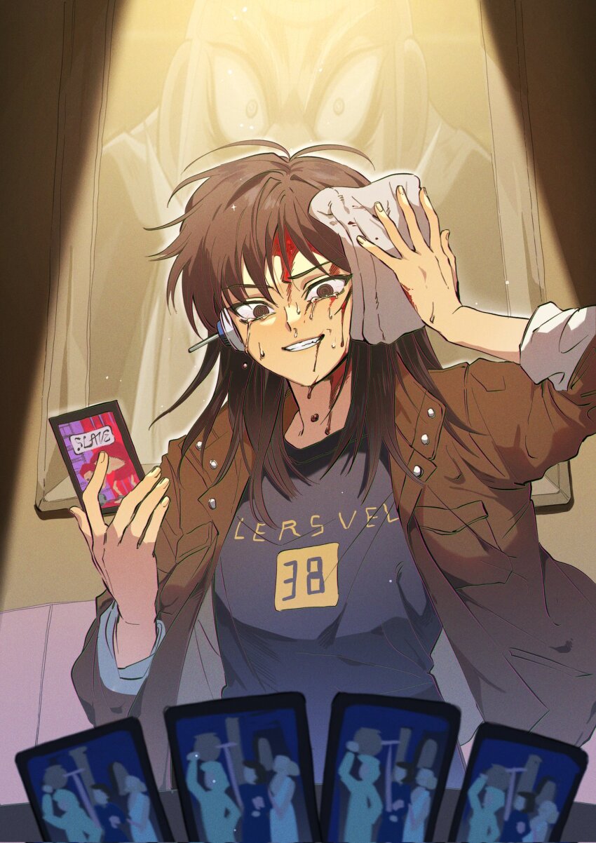 1girl black_eyes black_hair blood blood_from_mouth blood_on_face brown_jacket card citizen_(card) clothes_writing commentary_request facial_scar fingernails genderswap genderswap_(mtf) geunglim grey_shirt grin highres holding holding_card holding_rag hyoudou_kazutaka itou_kaiji jacket kaiji korean_commentary long_hair long_sleeves looking_at_viewer painting_(object) playing_card ringed_eyes scar scar_on_cheek scar_on_face shirt slave_(card) sleeves_rolled_up smile solo spotlight upper_body