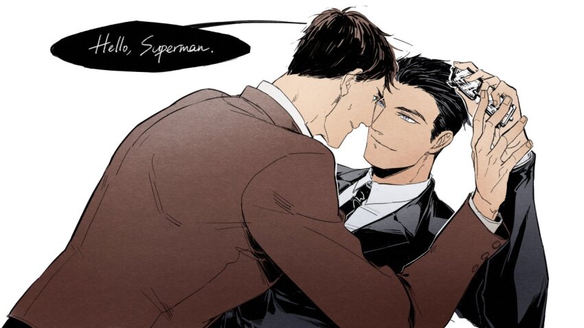2boys arm_up batman_(series) black_hair black_jacket black_necktie black_suit blue_eyes brown_jacket brown_suit bruce_wayne buttons clark_kent closed_mouth collared_shirt colored_speech_bubble commentary dc_comics english_text eye_contact formal_clothes glasses hair_slicked_back holding holding_removed_eyewear jacket layered_sleeves leaning_back leaning_forward long_sleeves looking_at_another male_focus multiple_boys necktie parted_lips pero_(perooooo10) rectangular_eyewear shirt short_hair sideburns simple_background smile speech_bubble suit suit_jacket superman_(series) unworn_eyewear upper_body white_background white_shirt wing_collar