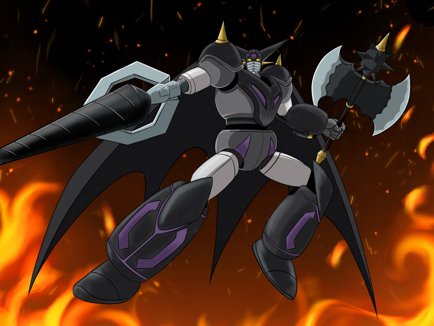 axe ayachu_(getter_robo_artist) black_getter cape drill getter_rays getter_robo getter_robo_daikessen! highres holding holding_axe holding_weapon looking_at_viewer mecha mecha_focus no_humans robot super_robot weapon yellow_eyes