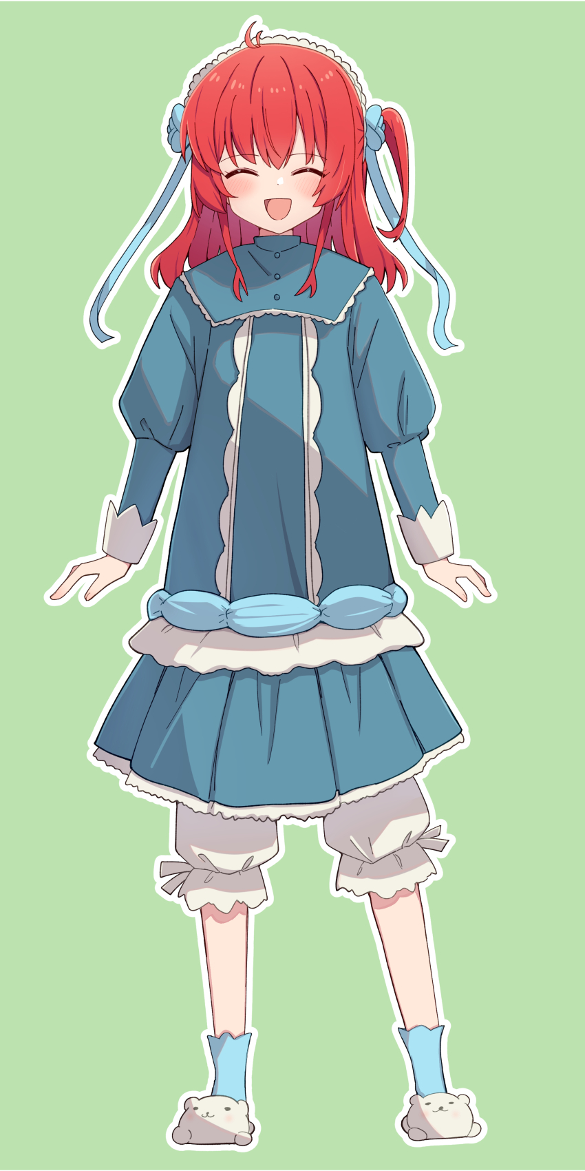 1girl :d ^_^ absurdres animal_slippers antenna_hair ao_(flowerclasse) bear_slippers bloomers blue_dress blue_sky blush bocchi_the_rock! cardcaptor_sakura closed_eyes commentary_request commission dress facing_viewer full_body green_background highres juliet_sleeves kita_ikuyo long_sleeves one_side_up open_mouth outline pixiv_commission puffy_sleeves red_hair simple_background sky slippers smile solo standing underwear white_bloomers white_outline white_slippers