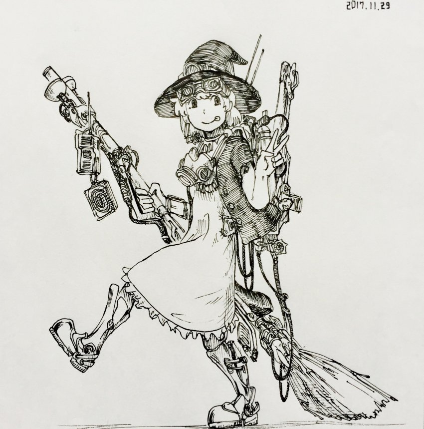 1girl :p boots broom closed_mouth commentary_request dated dress frilled_dress frills goggles goggles_on_head greyscale hands_up hat hatching_(texture) highres holding holding_broom jacket looking_at_viewer mask mask_around_neck mechabare medium_hair monochrome omao open_clothes open_jacket original respirator short_sleeves smile solo standing standing_on_one_leg tongue tongue_out traditional_media unworn_goggles unworn_mask v witch witch_hat
