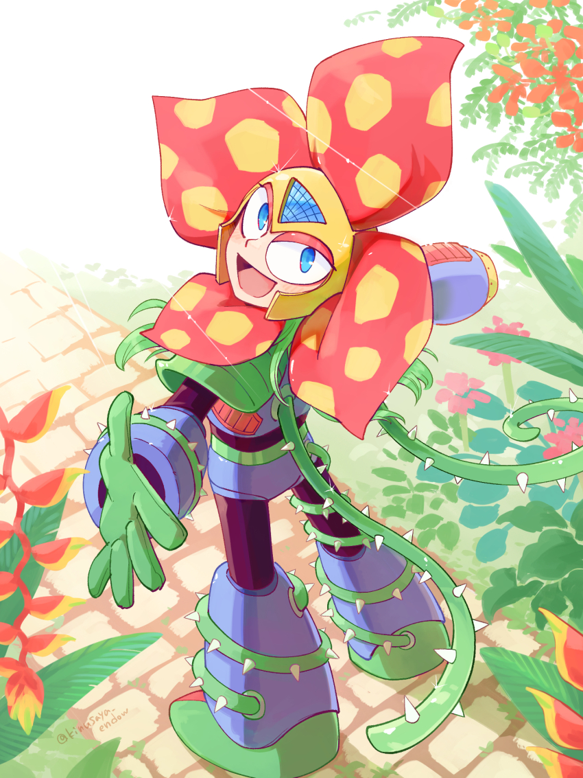1boy arm_cannon blue_eyes commentary_request day flower full_body highres kinusaya_endow looking_back male_focus mega_man_(classic) mega_man_(series) mega_man_6 no_humans plant plant_man robot smile solo weapon
