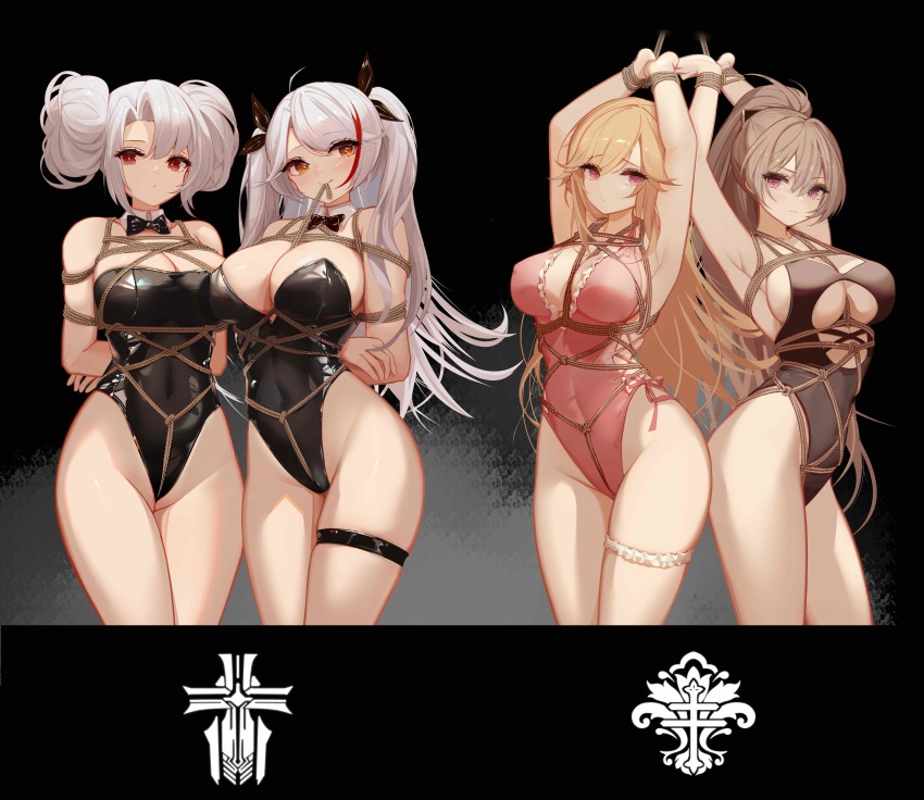 4girls absurdres alternate_costume armpits arms_behind_back arms_up azur_lane bdsm black_background black_leotard black_ribbon blonde_hair bondage bound bound_wrists breasts frilled_thigh_strap cleavage cleavage_cutout clothing_cutout crotch_rope curvy detached_collar double_bun grey_hair hair_bun hair_ribbon highleg highleg_leotard highleg_one-piece_swimsuit highres iris_libre_(emblem) iron_blood_(emblem) jean_bart_(azur_lane) large_breasts leotard long_hair looking_at_viewer mouth_hold multicolored_hair multiple_girls official_alternate_costume one-piece_swimsuit prinz_adalbert_(azur_lane) prinz_eugen_(azur_lane) red_background red_eyes red_hair restrained ribbon richelieu_(azur_lane) richelieu_(fleuron_of_the_waves)_(azur_lane) shibari shibari_over_clothes simple_background standing streaked_hair swimsuit thigh_strap thighs two-tone_hair white_hair yuuraku_yuraku