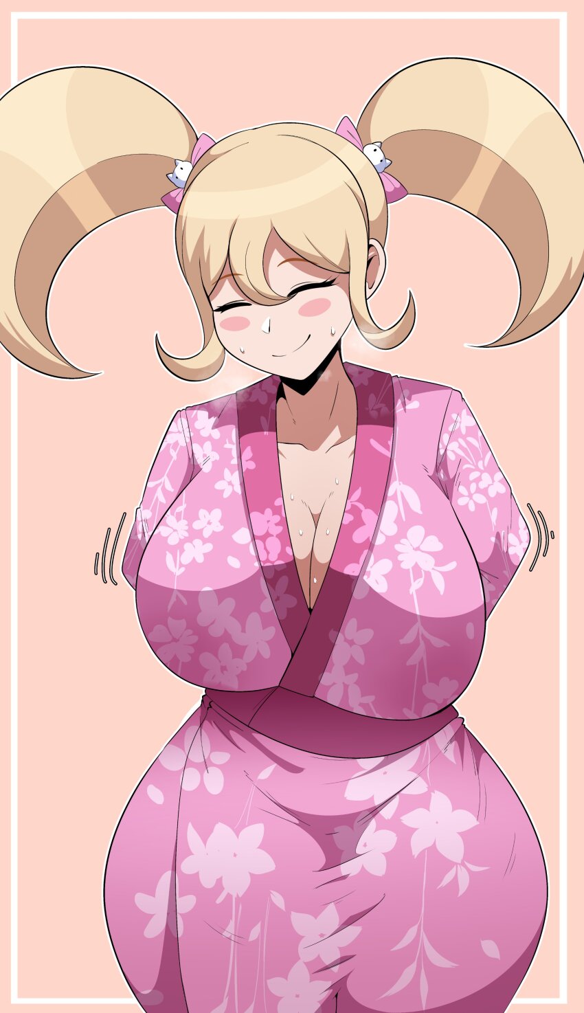 1girl absurdres aged_up alternate_breast_size arms_behind_back blonde_hair blush_stickers bow breasts cleavage closed_eyes curvy danganronpa_(series) danganronpa_2:_goodbye_despair hair_bow highres huge_breasts japanese_clothes kimono long_sleeves naver saionji_hiyoko short_hair simple_background solo sweat twintails wide_hips