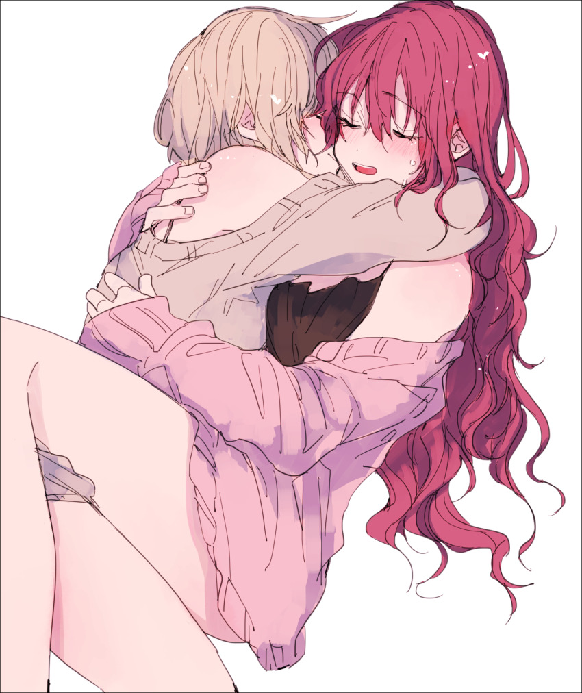 2girls amane_(7783) between_legs black_camisole blonde_hair blush brown_sweater camisole cardigan closed_eyes commentary_request highres hug ichinose_shiki idolmaster idolmaster_cinderella_girls long_hair miyamoto_frederica multiple_girls off_shoulder open_mouth pink_cardigan red_hair short_hair simple_background smile sweat sweater white_background yuri