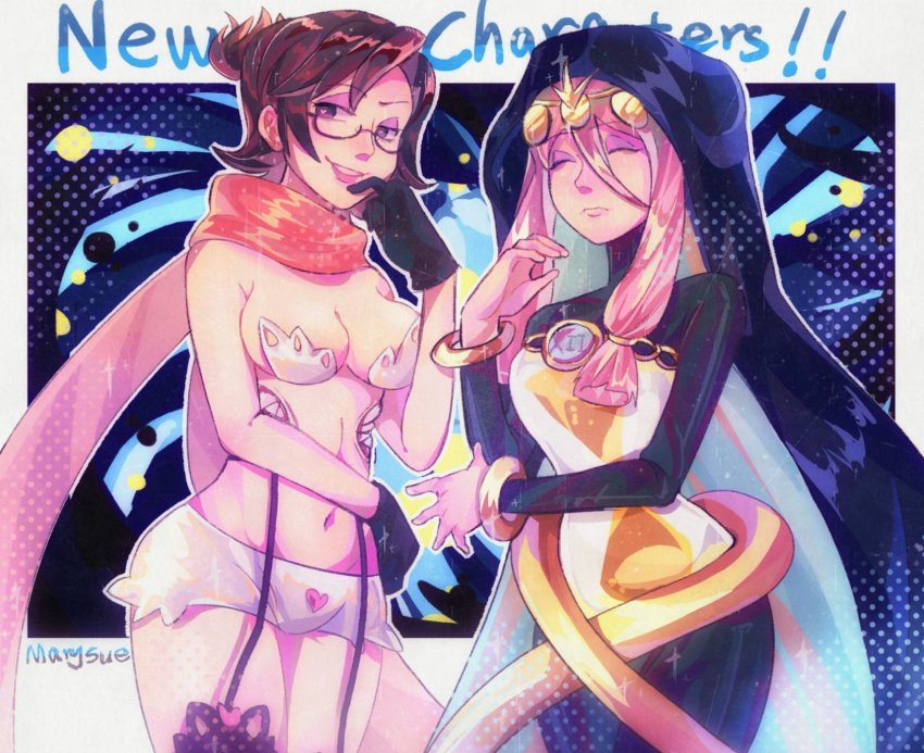 2girls aeon_(skullgirls) blue_background bracelet brown_hair cape closed_mouth closed_eyes garter_straps glasses gloves heart heart-shaped_pupils highres hood hourglass jewelry lingerie marysue multiple_girls parted_lips pink_hair ponytail sand scarf semi-rimless_eyewear siblings sisters skullgirls smile symbol-shaped_pupils underwear venus_(skullgirls)