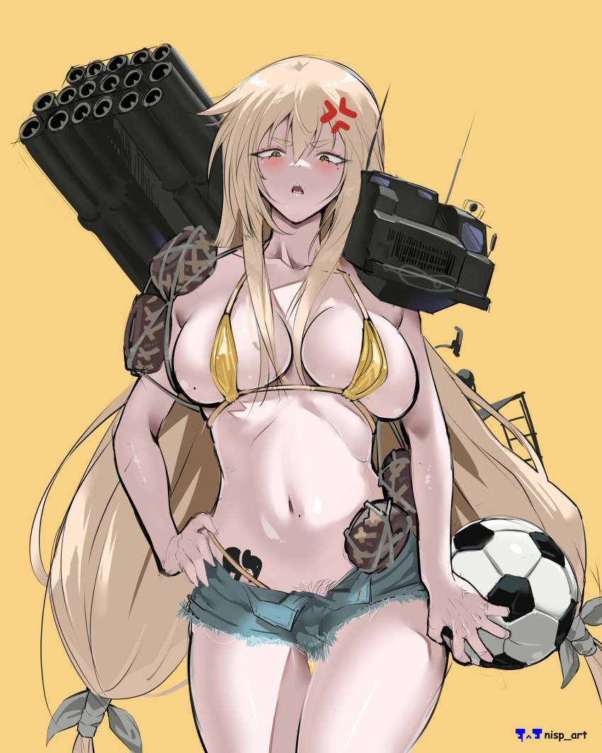 1girl absurdres anger_vein artist_name ball bikin bikini bikini_top_only blonde_hair breasts cleavage cowboy_shot highres mecha_musume military_vehicle motor_vehicle multiple_launch_rocket_system nisp_art original personification ponytail pubic_hair pubic_hair_peek russian_ground_forces self-propelled_artillery sharp_teeth short_shorts shorts sidelocks soccer_ball solo swimsuit teeth tornado-s_9k515 yellow_background