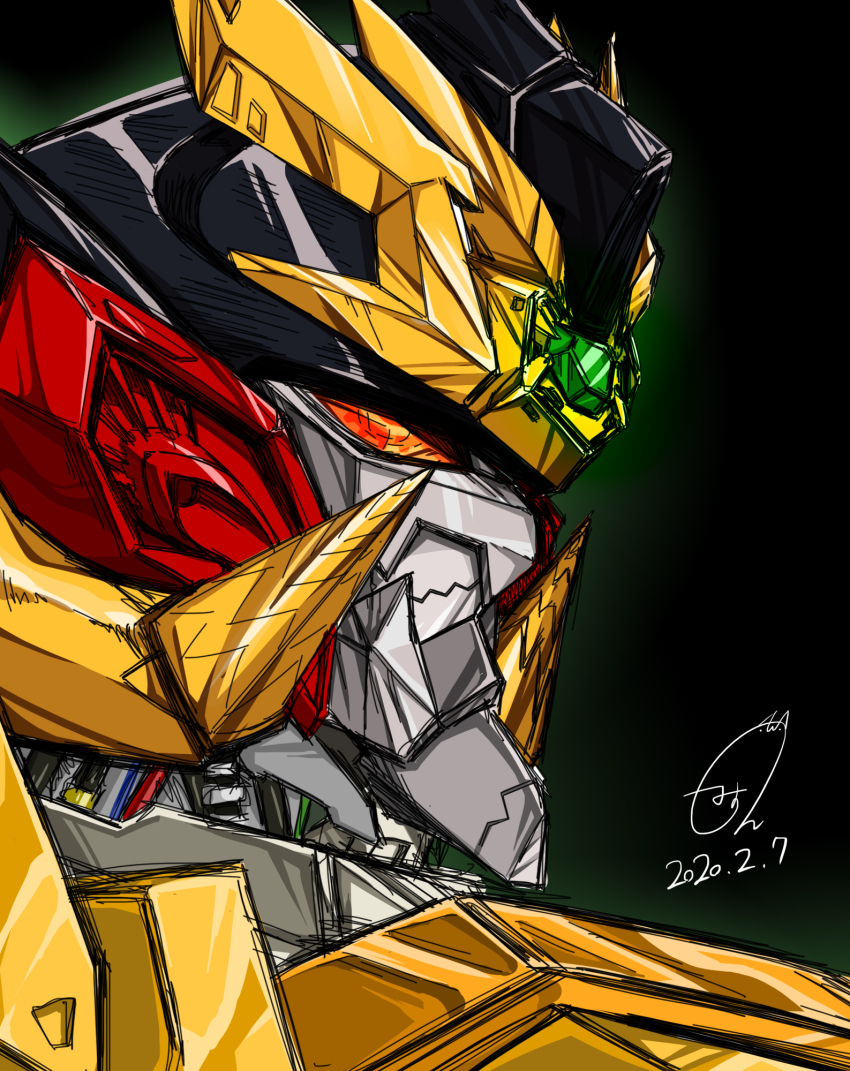 aura black_background commentary_request dated from_side genesic_gaogaigar highres looking_ahead mecha myon2 no_humans orange_eyes portrait profile robot science_fiction signature simple_background solo super_robot v-fin yuusha_ou_gaogaigar yuusha_ou_gaogaigar_final yuusha_series