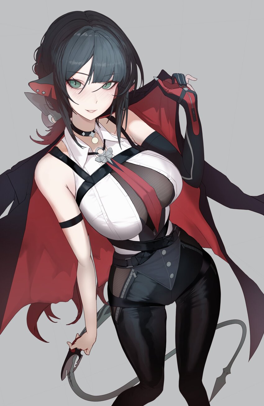 1girl absurdres animal_ears arm_strap bare_shoulders black_choker black_gloves black_hair black_pants breasts choker collared_shirt commentary cosplay cowboy_shot elbow_gloves english_commentary evelyn_chevalier evelyn_chevalier_(cosplay) gloves green_eyes grey_background high-waist_pants highres holding holding_jacket holding_knife holding_unworn_clothes houh888 jacket jane_doe_(zenless_zone_zero) knife large_breasts light_blush long_hair looking_at_viewer mouse_ears mouse_girl mouse_tail multicolored_hair necktie pants parted_lips red_hair red_necktie sharp_tail shirt single_elbow_glove smile solo tail tight_clothes tight_pants two-tone_hair unworn_jacket white_shirt zenless_zone_zero