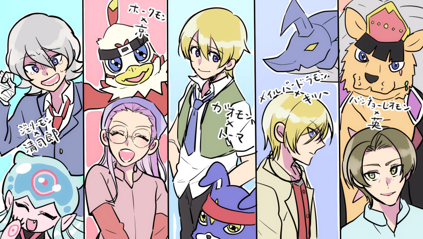 aonuma_kiriha bancholeomon bandaged_arm bandages blue_eyes daimon_suguru digimon digimon_(creature) digimon_ghost_game gaomon hawkmon higashimitarai_kiyoshiro highres inoue_miyako jellyfish_girl jellymon mailbirdramon monster_girl short_hair tentacle_hair tentacles thoma_h._norstein translation_request white_hair
