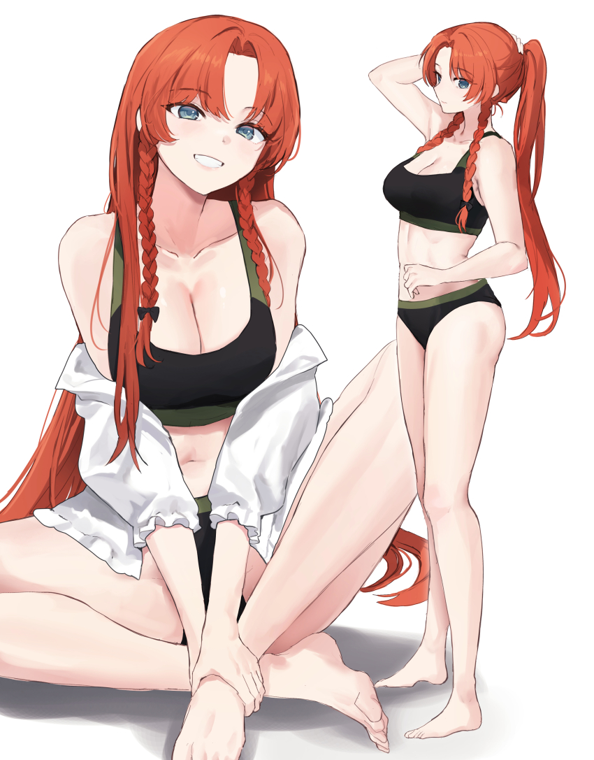1girl absurdres arm_behind_head barefoot black_bow black_sports_bra blue_eyes bow braid breasts cleavage commentary full_body grin hair_bow hand_on_own_head highres hong_meiling indian_style large_breasts long_hair long_sleeves looking_at_viewer multiple_views open_clothes open_shirt parted_bangs ponytail red_hair sarukana shirt side_braids sitting smile sports_bra standing touhou underwear underwear_only white_background white_shirt