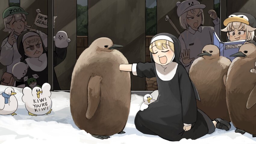 5girls :d @_@ bear_hat bird black_footwear blonde_hair body_writing book brown_eyes chicken closed_eyes clumsy_nun_(diva) commentary diva_(hyxpk) duck english_commentary froggy_nun_(diva) glasses green_hat grey_hair habit hat highres little_nuns_(diva) mind_control multiple_girls nun open_mouth penguin penguin_chick penguin_hat penguin_keeper_(diva) polar_bear_keeper_(diva) round_eyewear seal_keeper_(diva) seal_puppet shirt slice_of_life smile tongue tongue_out traditional_nun unworn_eyewear white_headwear white_shirt zoo zookeeper zookeepers_(diva)
