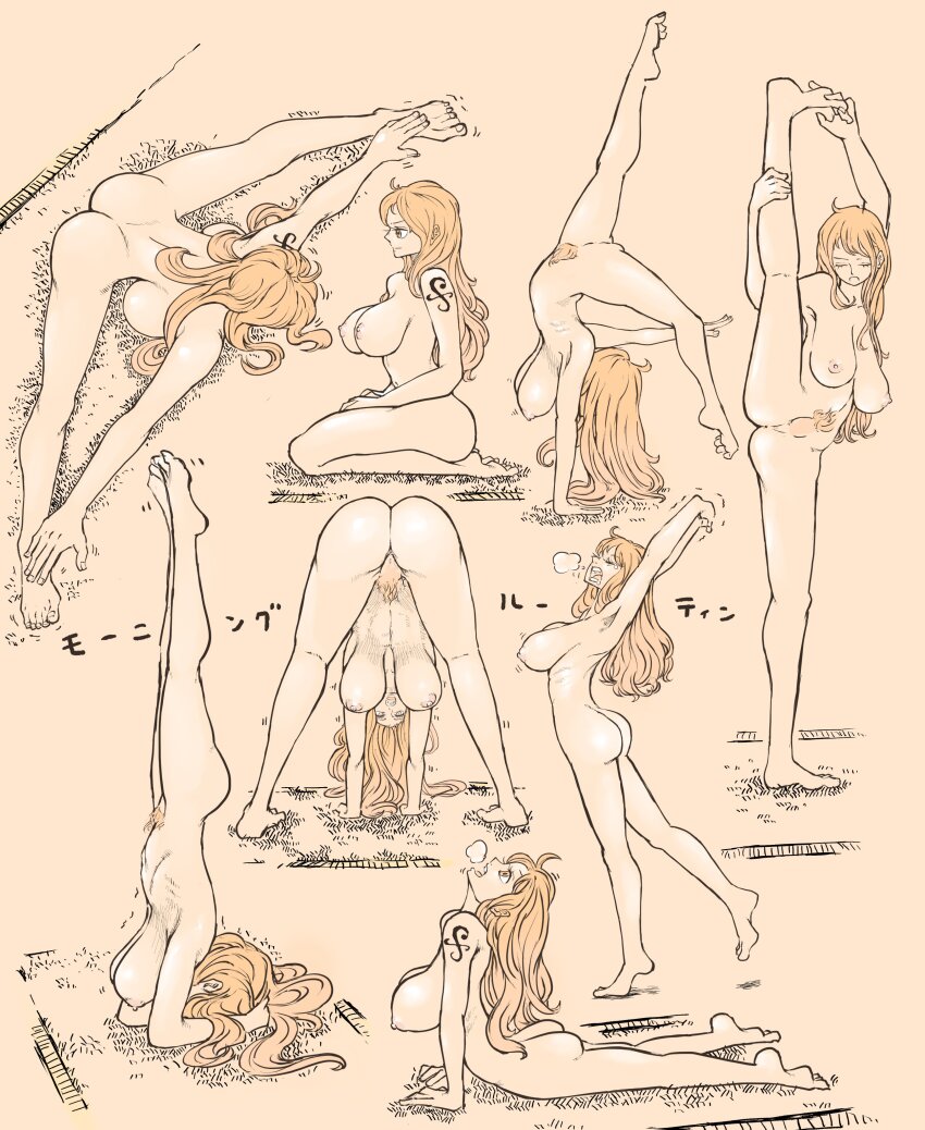 1girl absurdres anus armpits ass breasts closed_eyes completely_nude curvy feet flexible flexing full_body graphite_(medium) hanging_breasts hato_hato_hato highres large_breasts leg_up lineart long_hair nami_(one_piece) nude one_piece orange_hair sagging_breasts solo split spread_legs stretching thighs traditional_media wide_hips wide_spread_legs yoga