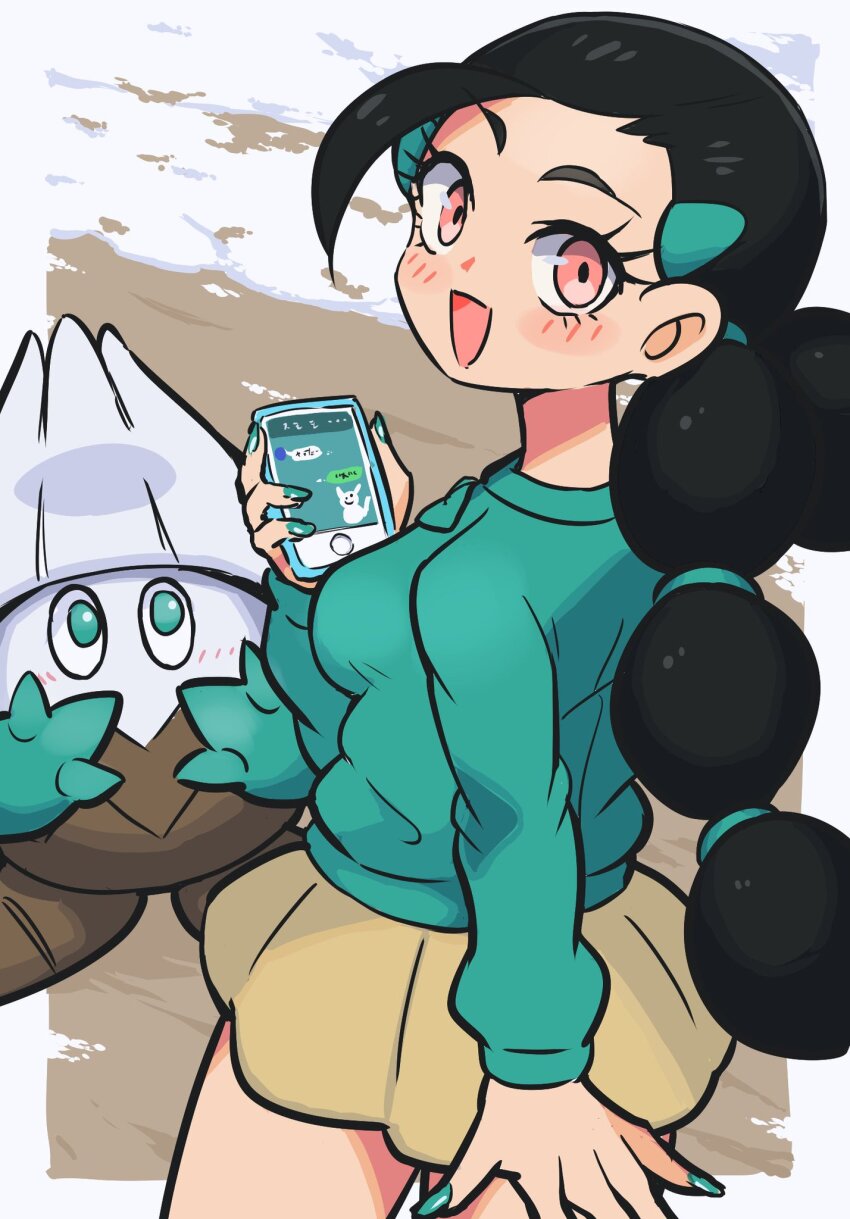 1girl black_hair breasts candice_(pokemon) game_freak gen_4_pokemon green_eyes highres large_breasts long_hair long_sleeves looking_back miniskirt multi-tied_hair nintendo pink_eyes pokemon pokemon_dppt skirt snover snow sweater wadatsumi_(sense11531153)