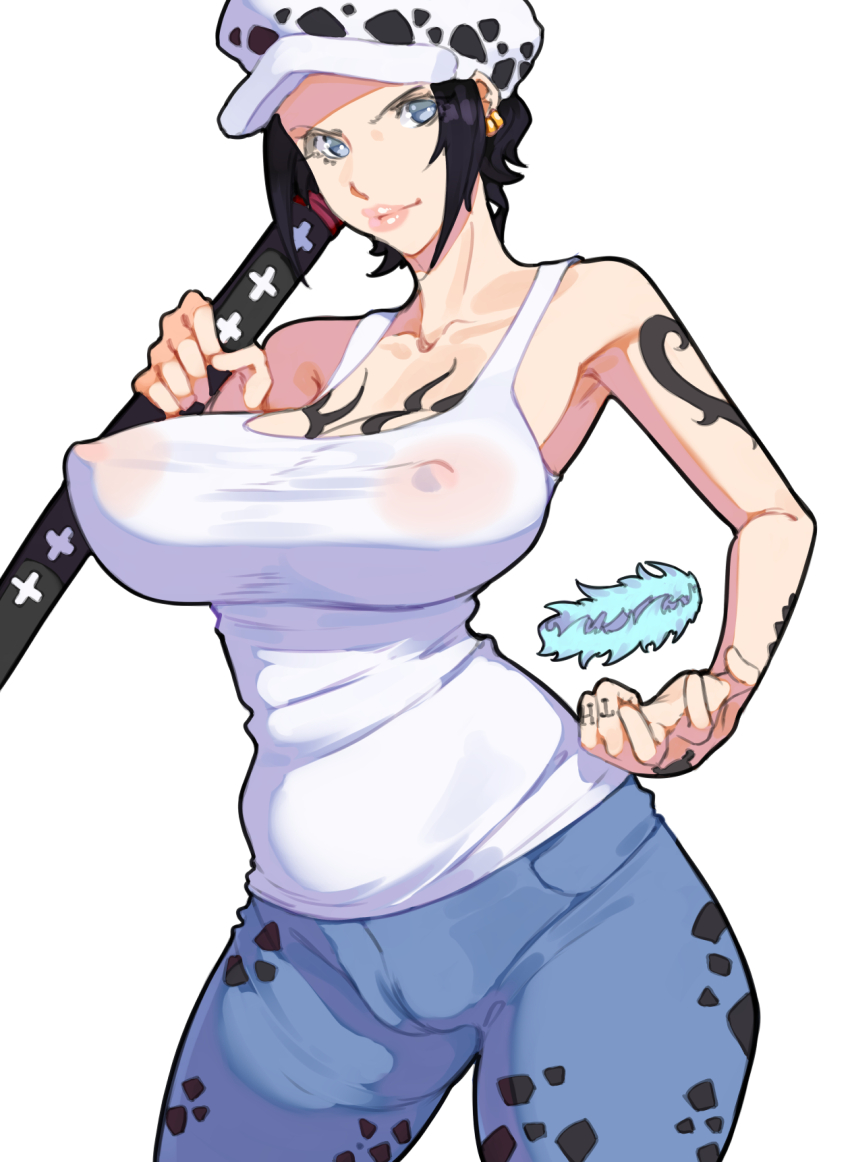 1girl arm_tattoo breasts canon_genderswap chest_tattoo curvy denim genderswap genderswap_(mtf) hand_tattoo hard.d highres holding holding_sword holding_weapon leopard_print jeans large_breasts one_piece panther_print pants shirt sword tattoo trafalgar_law trafalgar_law_(female) weapon white_shirt wide_hips