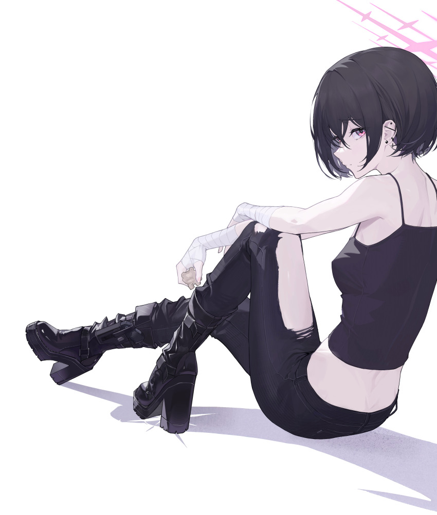 14yuruis 1girl absurdres ankle_holster bandaged_arm bandaged_wrist bandages black_tank_top blue_archive boots brown_hair ear_piercing earrings full_body gun halo handgun highres holster holstered jewelry misaki_(blue_archive) pants piercing pink_eyes pink_halo red_halo revolver ruger_lcr shadow short_hair simple_background sitting solo tank_top torn_clothes torn_pants weapon white_background