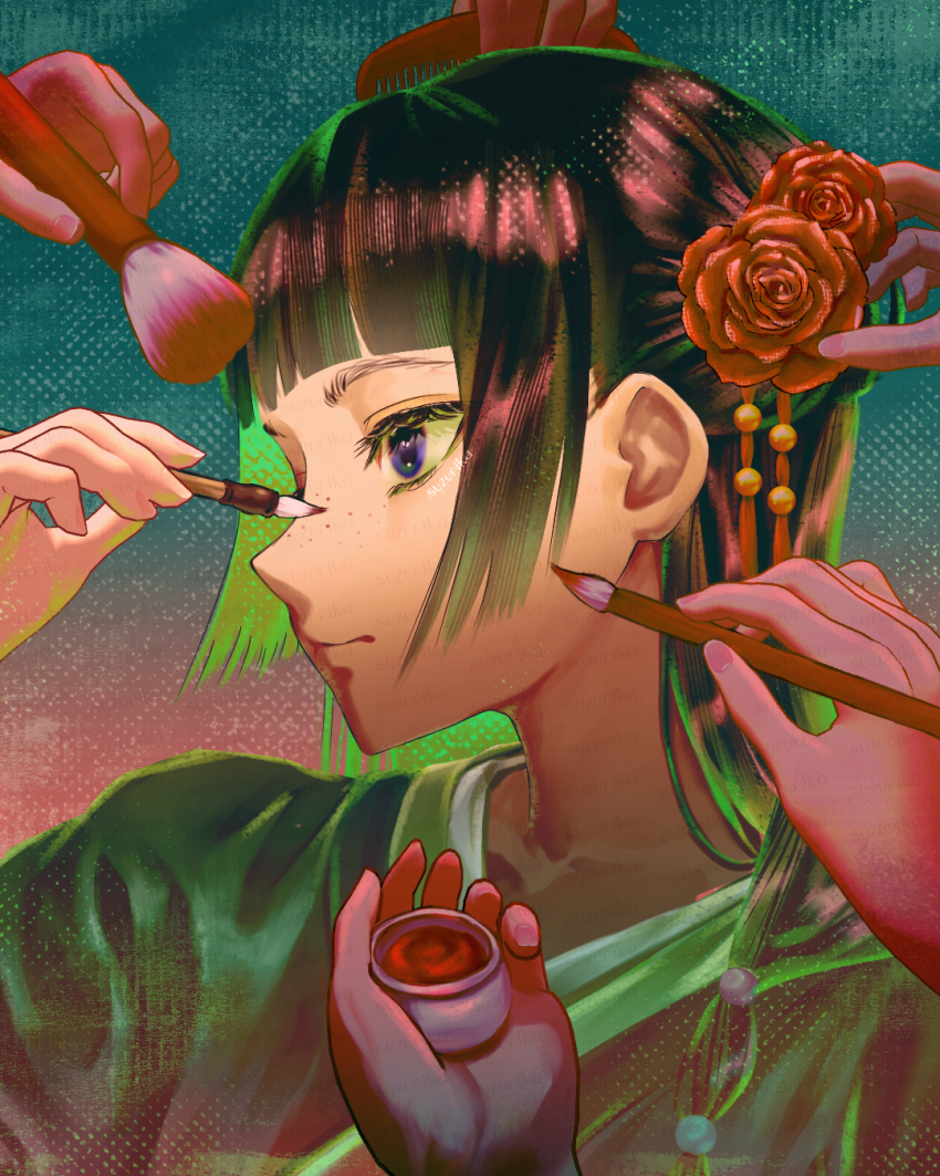1girl applying_makeup beads black_hair blue_background blue_eyes blunt_bangs chinese_clothes closed_mouth collarbone color_contrast colorful comb commentary_request cup facing_to_the_side flower flower_hairpin freckles gradient_background green_hair green_hanfu hair_ornament half_updo hanfu highres hime_cut holding holding_brush holding_comb holding_cup holding_makeup_brush kusuriya_no_hitorigoto long_eyelashes long_hair looking_ahead makeup makeup_brush maomao_(kusuriya_no_hitorigoto) multicolored_hair one_eye_closed out_of_frame portrait red_background red_flower red_rose rose screentones signature solo_focus suzurika26 tassel tassel_hair_ornament two-tone_background two-tone_hair watermark