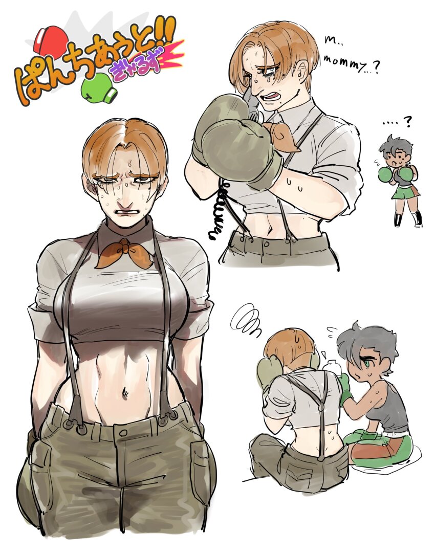 2girls ? black_hair boxing_gloves breasts collared_shirt cowboy_shot dancho_no_mori dark-skinned_female dark_skin frown genderswap genderswap_(mtf) large_breasts little_mac midriff multiple_girls muscular muscular_female nintendo orange_hair punch-out!! shirt short_hair shorts solo_focus suspenders sweat von_kaiser white_background
