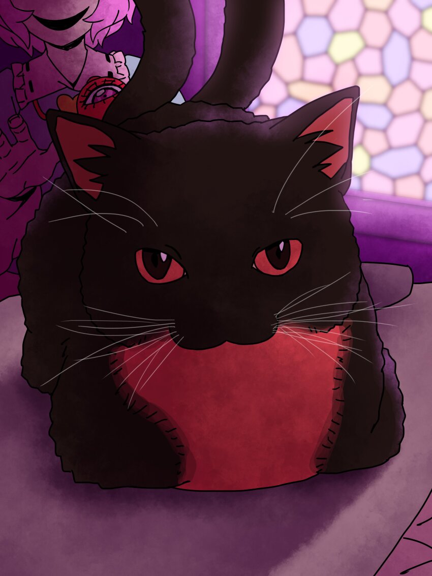 1girl :3 absurdres animal_focus black_cat blue_shirt cat cat_loaf commentary commission eddybird55555 frilled_shirt_collar frills highres kaenbyou_rin kaenbyou_rin_(cat) komeiji_satori looking_at_viewer multiple_tails open_mouth pink_hair red_eyes shirt short_hair smile solo stained_glass tail third_eye touhou two_tails uni_(cat) upper_body
