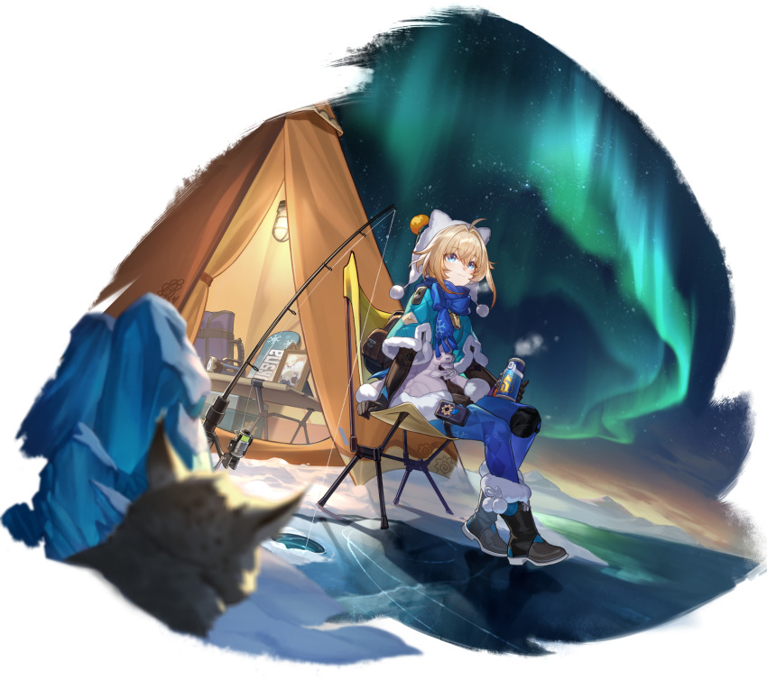 1girl aurora blonde_hair blue_eyes blue_scarf camping fishing_rod flashlight full_body game_cg highres honkai:_star_rail honkai_(series) looking_up lynx lynx_landau non-web_source on_chair pom_pom_(clothes) scarf sitting solo transparent_background winter_clothes