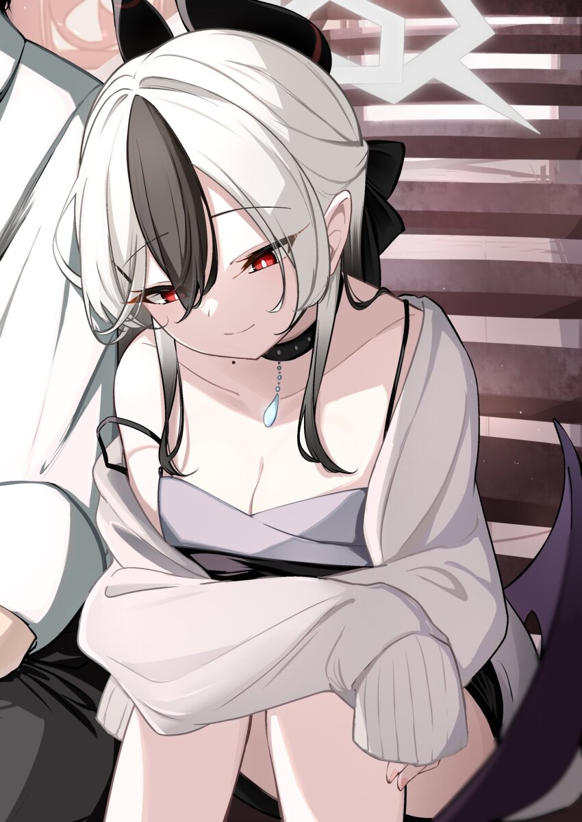 0mooide 1boy 1girl arms_on_knees black_choker black_dress black_hair black_horns blue_archive breasts choker cleavage collarbone commentary_request crossed_arms demon_horns demon_wings diamond_necklace dress dress_shirt grey_halo grey_jacket halo highres horns jacket kayoko_(blue_archive) kayoko_(dress)_(blue_archive) leaning_on_person mole mole_on_collarbone multicolored_hair official_alternate_costume purple_wings red_eyes sensei_(blue_archive) shirt single_wing sitting sitting_on_stairs smile stairs strap_slip studded_choker two-tone_hair white_hair wings
