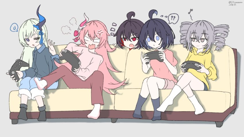 5girls 5jiraaaaa ? ?? ahoge anger_vein black_hair black_shirt black_socks blank_eyes blue_eyes blue_hair blue_pants bronya_zaychik brown_pants closed_mouth collared_shirt commentary controller couch dress_shirt drill_hair eighth_note english_commentary flying_sweatdrops game_controller grey_background grey_eyes grey_hair grey_socks hair_between_eyes highres holding honkai_(series) honkai_impact_3rd hood hood_down hoodie liliya_olenyeva long_sleeves multicolored_hair multiple_girls musical_note notice_lines on_couch one_eye_closed open_mouth pants pink_hair pink_shirt puffy_long_sleeves puffy_sleeves red_eyes red_hair rozaliya_olenyeva seele_(alter_ego) seele_vollerei shirt short_sleeves simple_background sitting smile socks spoken_question_mark twin_drills twintails twitter_username two-tone_hair wavy_mouth yellow_hoodie