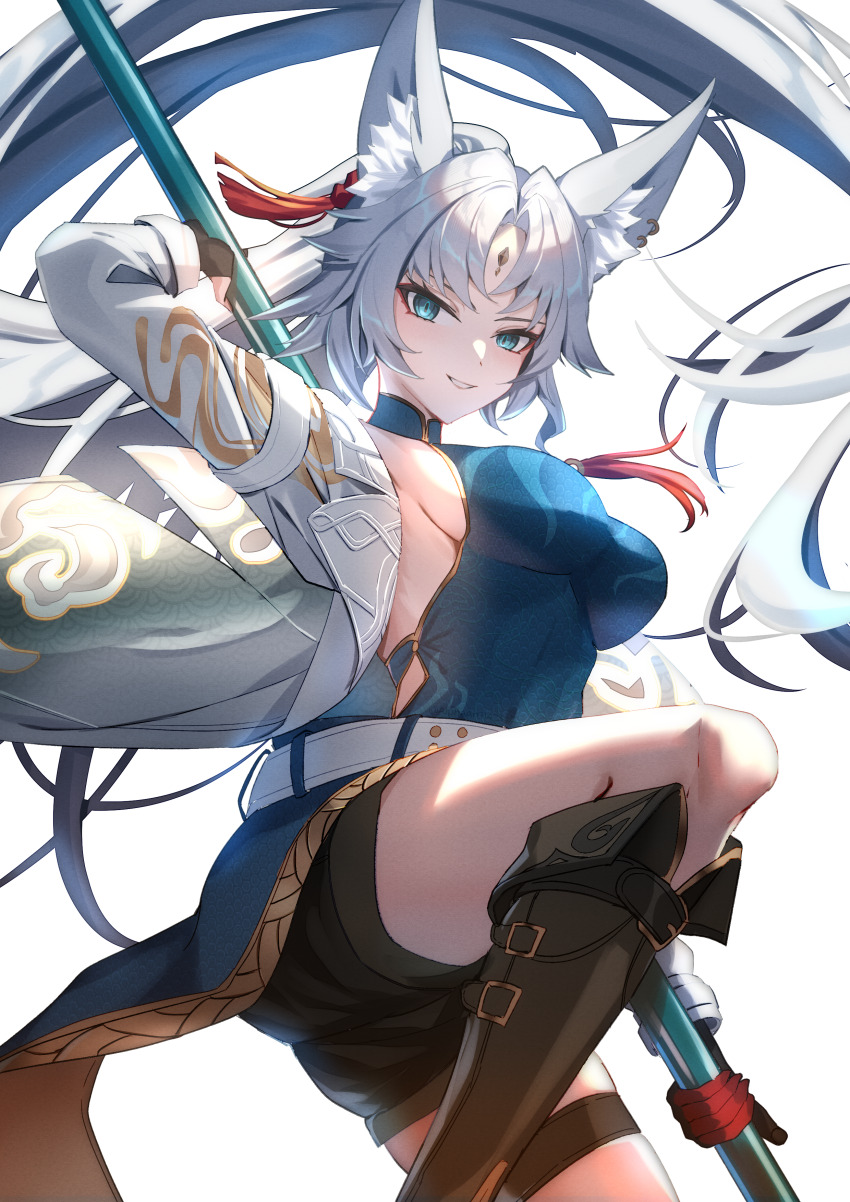 1girl absurdres alphaart animal_ear_fluff animal_ears aqua_eyes belt black_boots black_gloves black_shorts blue_shirt boots breasts clothing_cutout coat commentary feixiao_(honkai:_star_rail) forehead_jewel fox_ears fox_girl gloves grin highres holding holding_behind_back holding_polearm holding_polearm_behind_back holding_weapon holding_weapon_behind_back honkai:_star_rail honkai_(series) knee_boots large_breasts long_hair looking_at_viewer parted_bangs polearm shirt shorts side_cutout sidelocks simple_background smile solo very_long_hair weapon white_background white_belt white_coat white_hair