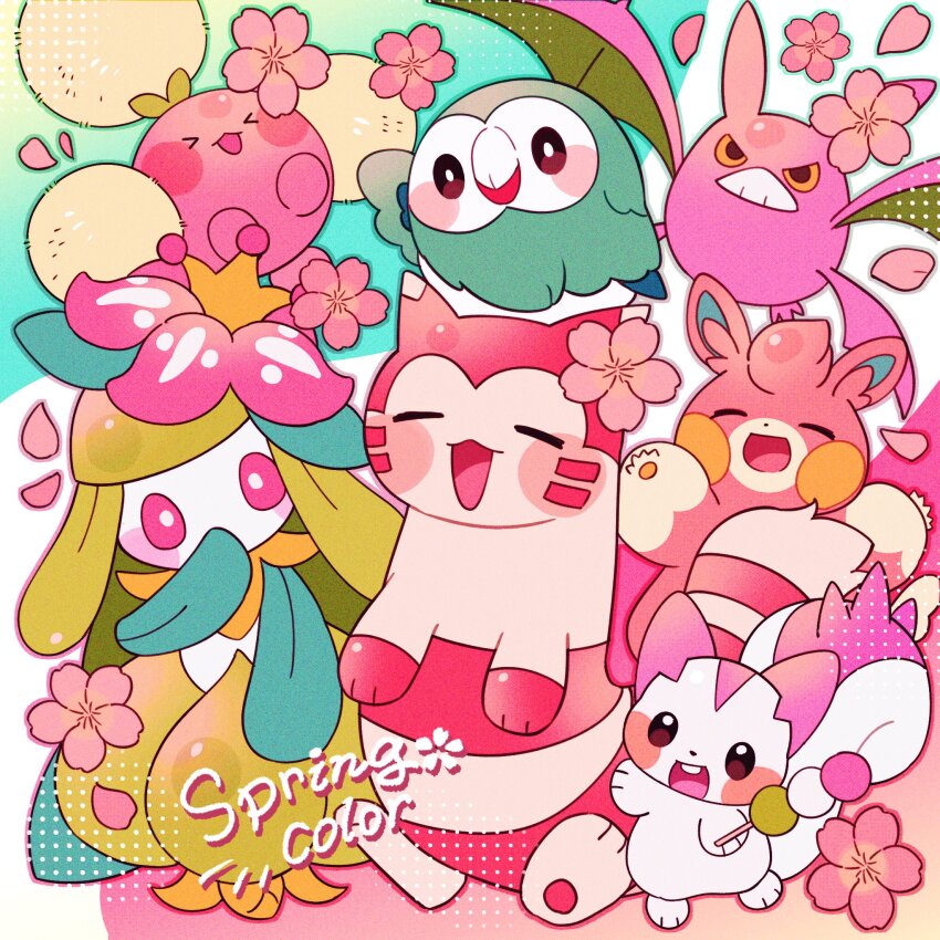 &gt;_&lt; alternate_color blush_stickers brown_eyes cherry_blossoms closed_eyes closed_mouth colored_sclera commentary crobat dango flower food furret gen_2_pokemon gen_4_pokemon gen_5_pokemon gen_7_pokemon highres jumpluff lilligant nintendo no_humans open_mouth pachirisu pawmi pink_eyes pink_flower pokemon pokemon_(creature) red_eyes rowlet shiny_pokemon smile symbol-only_commentary takumi_mizuki wagashi yellow_sclera