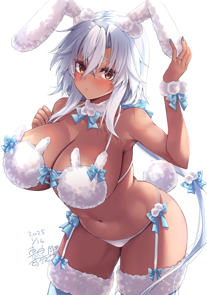 1girl absurdres alternate_costume animal_ears blue_nails bra breasts brown_eyes dark-skinned_female dark_skin detached_collar fake_animal_ears fake_tail fur-trimmed_thighhighs fur_collar fur_trim fur_wrist_cuffs garter_straps glasses grey-framed_eyewear hair_between_eyes highres huge_breasts jewelry kantai_collection long_hair mashiro_yukiya musashi_(kancolle) musashi_kai_ni_(kancolle) navel panties rabbit_ears rabbit_tail rectangular_eyewear ring semi-rimless_eyewear solo tail thighhighs thighs twintails underwear underwear_only very_long_hair wedding_ring white_bra white_garter_straps white_panties wrist_cuffs