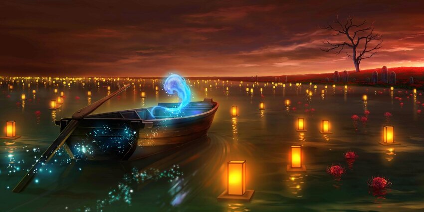 afloat bare_tree boat cloud cloudy_sky flower game_cg hitodama jizou kosian lantern no_humans oar official_art outdoors red_flower red_sky river riverbank sanzu_river scenery sky spider_lily third-party_source too_many_lanterns touhou touhou_lostword tree water watercraft