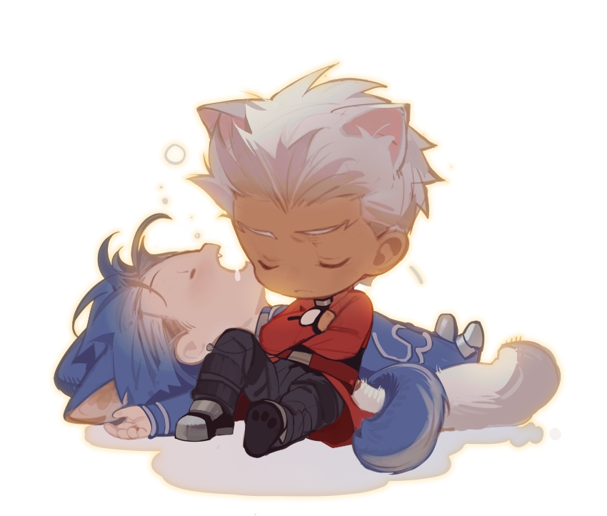 2boys absurdres animal_ears archer_(fate) cat_boy cat_ears chibi closed_eyes crossed_arms cu_chulainn_(fate) cu_chulainn_(fate/stay_night) dark_skin dog_boy dog_ears dog_tail drooling extra_ears fate/grand_order fate/stay_night fate_(series) highres long_sleeves mouth_drool multiple_boys on_ground open_mouth sitting sleeping tail tobu_(bilibil)