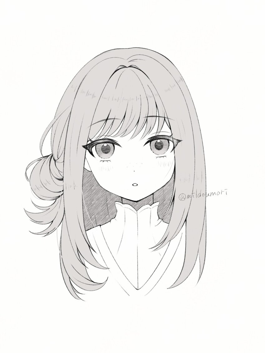 1girl :o aged_down cropped_torso dress grey_eyes grey_hair hair_bun highres looking_at_viewer medium_hair milmil7 portrait reverse:1999 single_side_bun solo twitter_username vertin_(reverse:1999) white_background white_dress