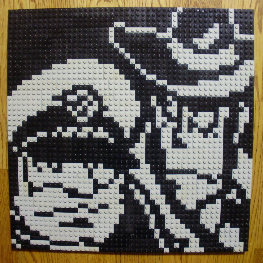 2boys crossover hat highres lego lego_(medium) lupin_iii male_focus monochrome multiple_boys naya_gorou okita_juuzou photo_(medium) pixel_art voice_actor_connection uchuu_senkan_yamato unconventional_media upper_body you_rei_(blowback) zenigata_kouichi