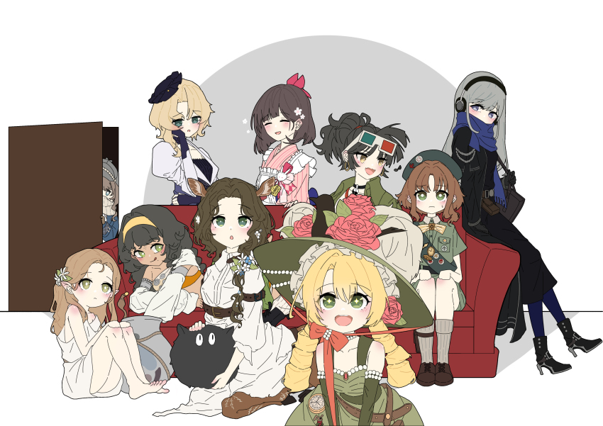 +_+ 3d_glasses 6+girls :d :o :q absurdres an-an_lee animal_ears ankle_boots apron arm_belt bag bare_legs bare_shoulders barefoot belt belt_pouch beret bkornblume black_bag black_choker black_dress black_footwear black_gloves black_hair black_hat blonde_hair blue_coat blue_eyes blue_pantyhose blue_scarf boots bow bowtie brown_belt brown_footwear brown_hair carbuncle_(reverse:1999) centauroid cherry_blossoms chin_strap choker clock closed_eyes coat coat_dress collared_dress collared_shirt couch covered_mouth creature daisy_(flower) deer_ears deer_girl detached_sleeves dress drill_hair druvis_iii eagle_(reverse:1999) ear_tag elbow_gloves eyewear_on_head flat_color flower frilled_apron frills frown gloves green_dress green_eyes green_gloves green_hat green_jacket green_sash grey_hair grey_hat grey_socks hair_bow hair_flower hair_ornament hairband hand_in_own_hair hand_on_knees hat hat_feather hat_flower headphones high_heels highres holding holding_creature holding_strap jacket japanese_clothes jessica_(reverse:1999) juliet_sleeves justina_(sduy5347) kanjira kimono knees_up la_source_(reverse:1999) long_dress long_hair long_sleeves looking_at_another looking_at_viewer low_ponytail marcus_(reverse:1999) multiple_girls on_couch on_ground open_mouth opening_door orange_bow pantyhose peeking peeking_out pink_kimono ponytail pouch puffy_long_sleeves puffy_sleeves rabbit_ornament red_bow reverse:1999 sash satsuki_(reverse:1999) scarf scarf_over_mouth shirt short_sleeves shoulder_bag shoulder_sash sitting sleeveless sleeveless_dress smile socks sotheby straight_hair striped_clothes striped_kimono sun_hat taur tongue tongue_out tunic twin_drills vertical-striped_clothes vertical-striped_kimono white_apron white_background white_scarf white_shirt white_tunic yellow_bow yellow_bowtie yellow_eyes yellow_hairband yin_yang