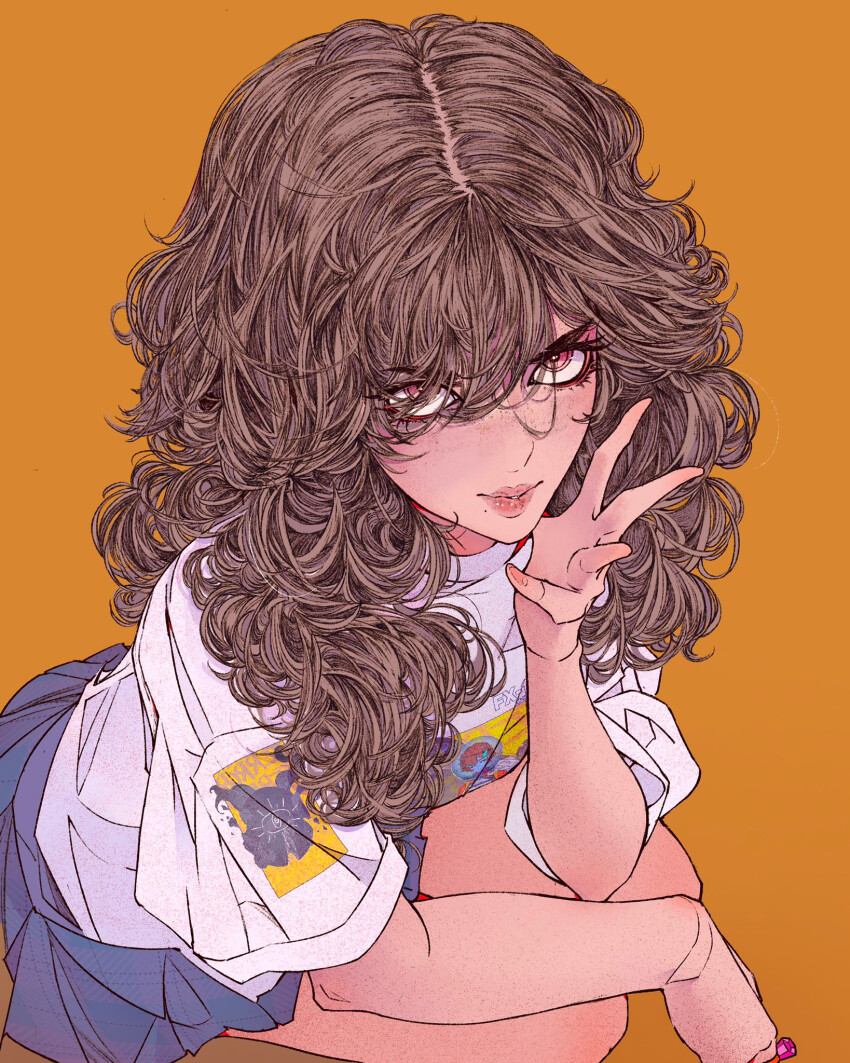 1girl blue_skirt breasts brown_hair commentary elliemaplefox english_commentary eyelashes feet_out_of_frame fingernails freckles from_above hair_between_eyes hair_over_one_eye hand_over_face hand_up highres holding lips long_hair looking_at_viewer looking_up orange_background original parted_lips pink_eyes print_shirt shirt simple_background sitting skirt solo white_shirt