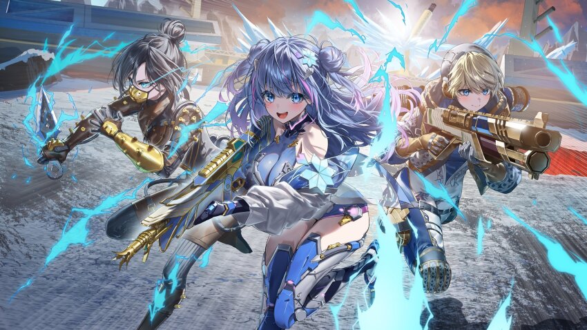 3girls aoi_sakura_(japanese_vtuber) apex_legends black_hair blonde_hair blue_eyes blush breasts cleavage closed_mouth cloud cyborg double_bun gun hair_bun hair_ornament heirou highres holding holding_gun holding_knife holding_weapon indie_virtual_youtuber knife large_breasts long_hair mask mechanical_arms mechanical_legs mouth_mask multicolored_hair multiple_girls open_mouth pink_hair purple_hair see-through_cleavage see-through_clothes sky smile streaked_hair virtual_youtuber wattson_(apex_legends) weapon wraith_(apex_legends) yellow_mask
