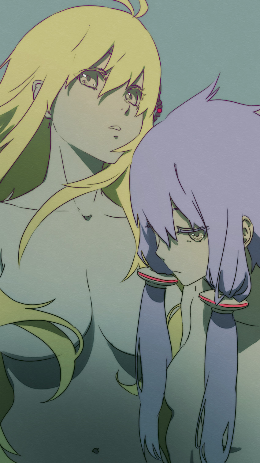2girls absurdres antenna_hair aqua_background beads blonde_hair breasts closed_mouth collarbone colored_eyelashes eyes_visible_through_hair hair_beads hair_between_eyes hair_ornament hair_over_breasts highres large_breasts long_hair low_twintails multiple_girls navel nude parted_lips purple_hair small_breasts spot_color tarokazu tsurumaki_maki twintails vocaloid voiceroid yuzuki_yukari