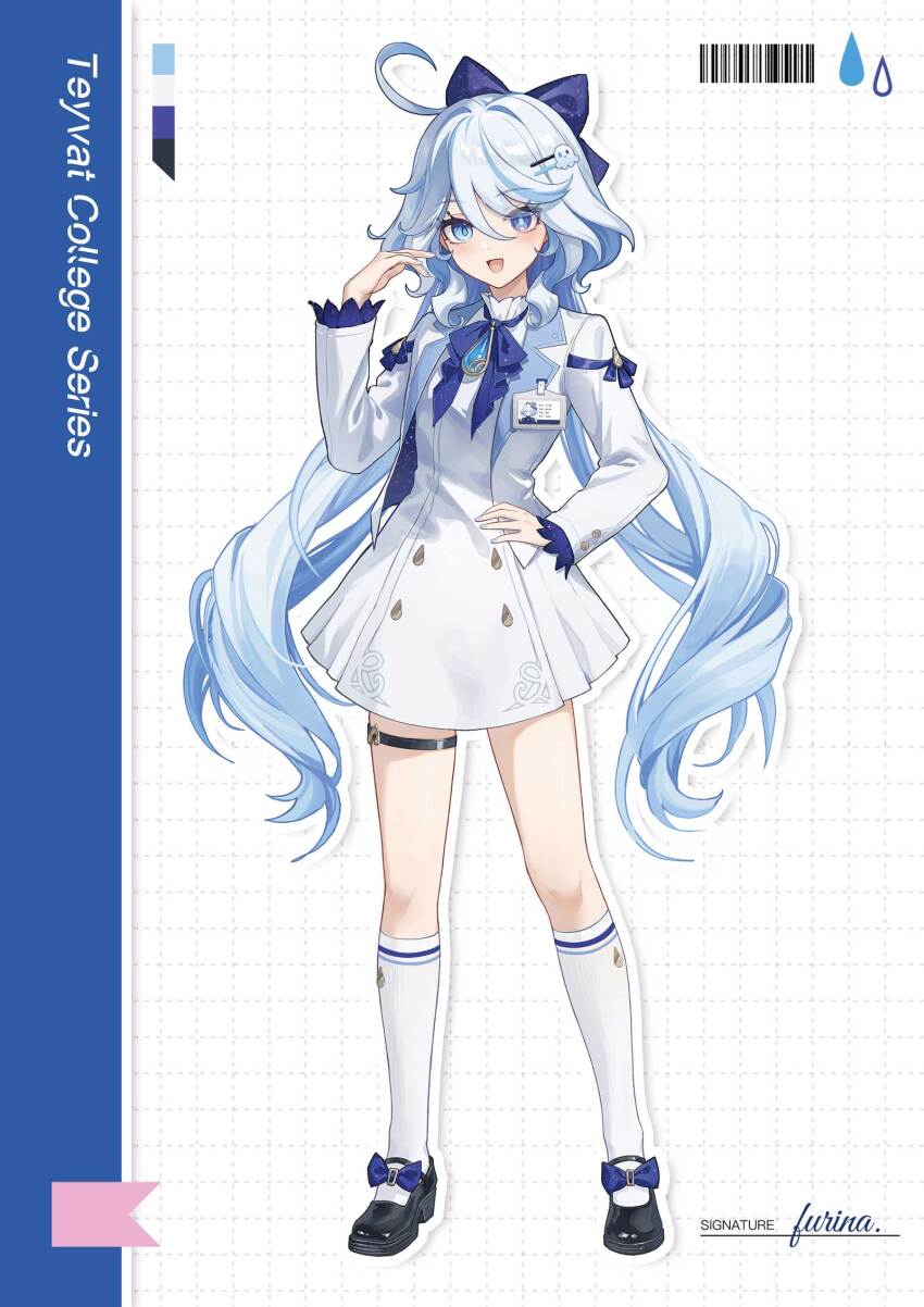 1girl alternate_costume black_shoes blue_bow blue_eyes blue_hair bow character_name dress drop-shaped_pupils english_text full_body furina_(genshin_impact) genshin_impact hair_between_eyes hair_bow hand_on_own_hip heterochromia highres jacket kneehighs long_hair long_sleeves looking_at_viewer mismatched_pupils open_clothes open_jacket open_mouth school_uniform shoes simple_background smile socks solo standing symbol-shaped_pupils thigh_strap white_dress white_jacket white_socks yukiri_(l_ii)