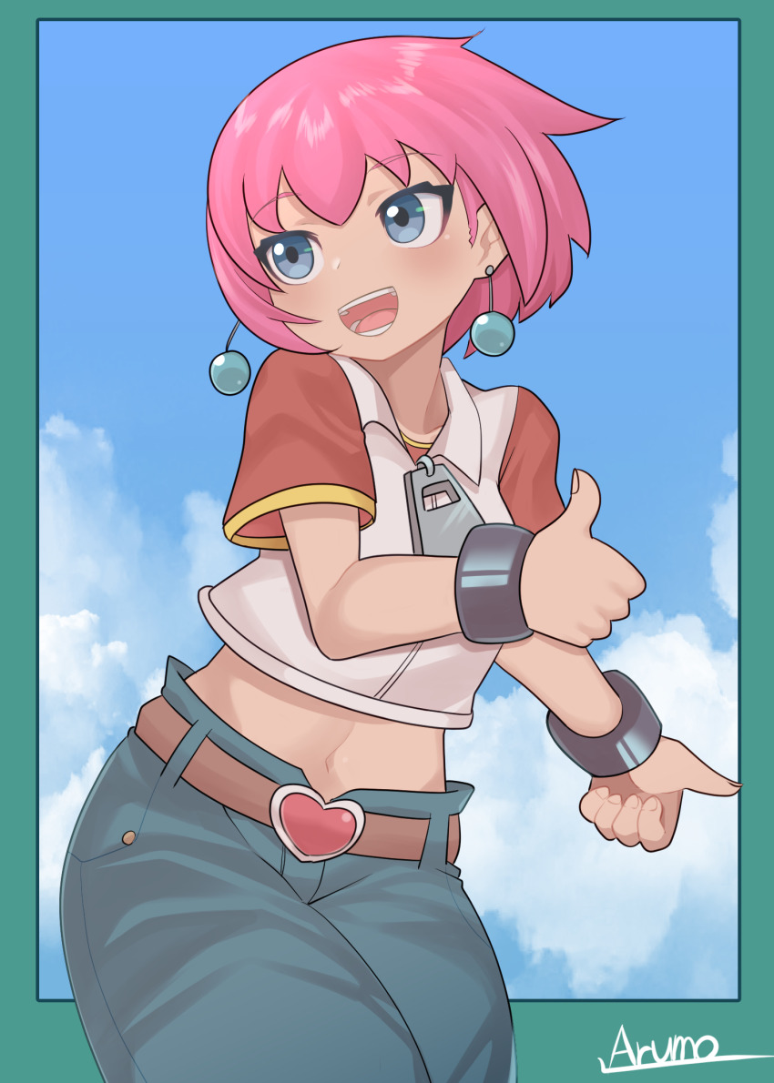1girl beauty_(bobobo-bo_bo-bobo) belt blue_eyes blue_sky bobobo-bo_bo-bobo cloud crop_top denim earrings floating_earrings highres jeans jewelry looking_away navel open_mouth pants pink_hair ryuusui_arumo short_hair sky smile solo teeth zipper_pull_tab