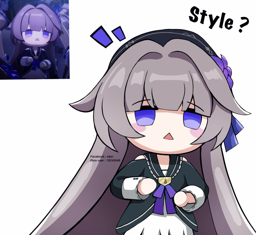 1girl :&lt; black_dress black_hat blush_stickers brown_hair chibi closed_mouth dress eiji_nochi english_text eyebrows_hidden_by_hair flat_chest flower hair_flower hair_ornament hat herta_(honkai:_star_rail) herta_(puppet)_(honkai:_star_rail) highres honkai:_star_rail honkai_(series) jewelry light_frown lock_necklace long_hair looking_at_viewer multiple_views necklace notice_lines photo-referenced purple_eyes shadow skirt surprised triangle_mouth white_skirt