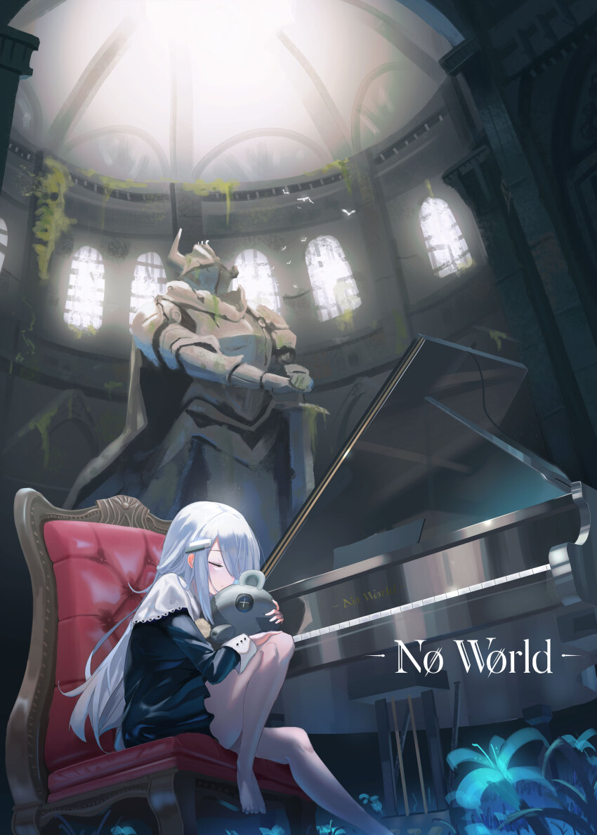 1girl abandoned absurdres architecture barefoot bird black_dress blue_flower capelet chair closed_eyes day dome dress dutch_angle english_text flower flower_request grand_piano hair_ornament hair_over_one_eye hairpin haizumi_(noworld) highres hugging_doll hugging_object instrument instrument_hair_ornament interior knight long_hair noir_(noworld) noworld overgrown piano sitting statue sunlight tkim virtual_youtuber white_capelet white_wrist_cuffs wrist_cuffs