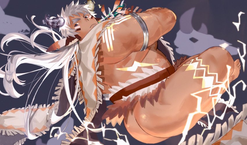 1boy animal_ears arm_tattoo ass bara closed_mouth cow_boy cow_ears cow_horns dyzd1 fiery_horns forked_eyebrows glowing_horns highres horns large_pectorals leg_tattoo male_focus muscular muscular_male nude pectorals short_hair solo tattoo thick_eyebrows tokyo_houkago_summoners wakan_tanka wakan_tanka_mugen white_hair