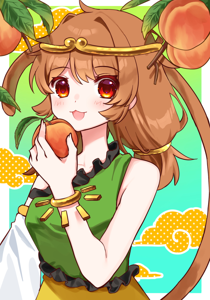 1girl :3 :d blush bracelet brown_hair circlet commentary detached_sleeves dress food frilled_dress frills fruit gold_circlet green_dress hand_up highres holding holding_food holding_fruit jewelry leaf long_hair milll_77 monkey_tail multicolored_dress open_mouth peach red_eyes single-shoulder_dress single_detached_sleeve smile solo son_biten tail touhou upper_body white_sleeves yellow_dress