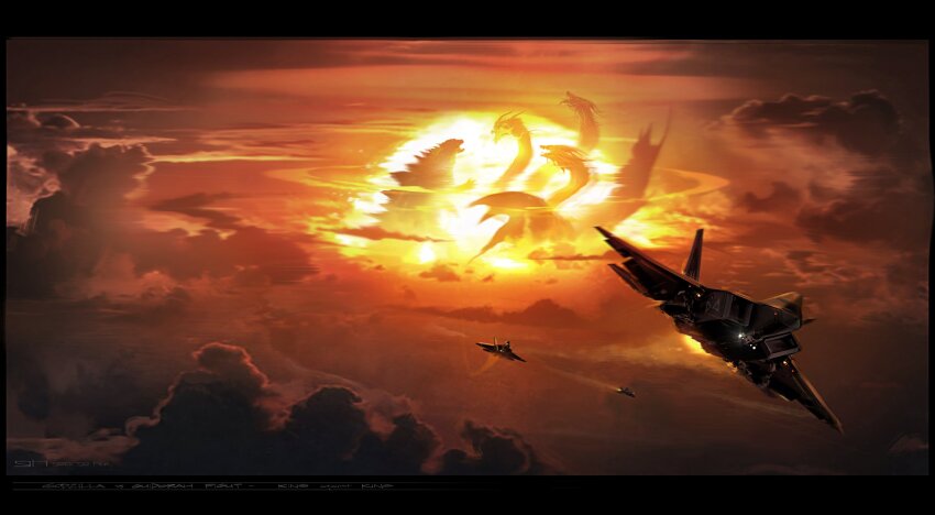 aircraft airplane claws cloud cloudy_sky concept_art dragon dragon_horns dragon_wings explosion f-22_raptor fighter_jet flying george_hull giant giant_monster godzilla godzilla:_king_of_the_monsters godzilla_(series) highres horns kaiju king_ghidorah legendary_pictures military_vehicle monster monsterverse multiple_heads no_humans nuclear_explosion nuclear_weapon open_mouth sharp_teeth sky spines standing teeth toho weapon_of_mass_destruction wings