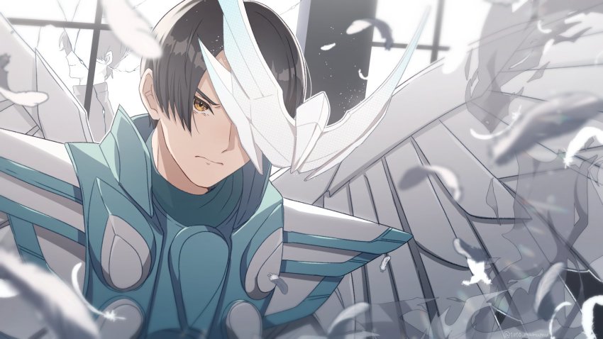 1010_mumumu 1boy angel_wings armor black_hair blue_armor bodysuit brown_eyes compound_eyes crossed_arms determined feathered_wings glowing grey_bodysuit highres holy_live igarashi_daiji indoors kamen_rider kamen_rider_live kamen_rider_revice male_focus mask short_hair spoilers unworn_mask upper_body visor weapon white_armor window wing_genome wings