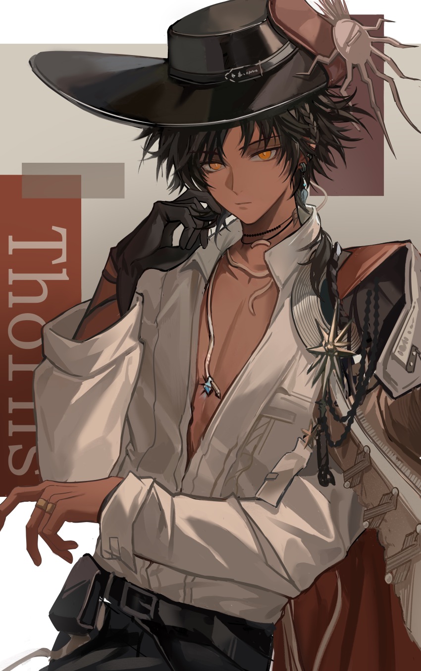 1boy absurdres arknights black_hair black_hat braid bright_pupils character_name chinese_commentary commentary_request dark-skinned_male dark_skin earrings gloves hat highres jewelry long_sleeves looking_at_viewer male_focus medium_hair multiple_rings official_alternate_costume open_clothes open_shirt parted_lips ring shirt single_glove solo thorns_(arknights) thorns_(blade-cleaved_tides)_(arknights) white_pupils white_shirt xuan_xuan_xuan_za yellow_eyes