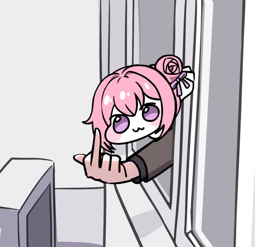 1girl :3 blush_stickers chibi closed_mouth doro_(nikke) dorothy_(nikke) goddess_of_victory:_nikke hair_bun long_sleeves looking_at_viewer meme middle_finger moongzzi_s2 pink_hair purple_eyes single_hair_bun solo window